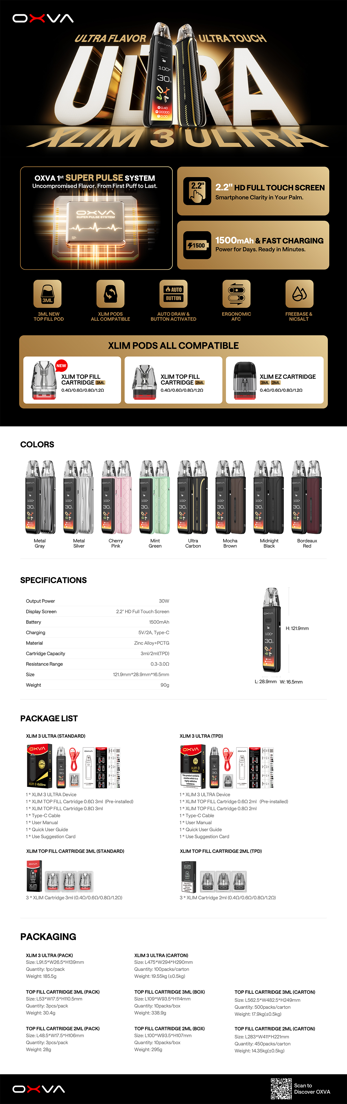 Η OXVA Xlim Pro 3 Pod Kit είναι η compact και ισχυρή πρόταση της σειράς XLIM για χρήστες που θέλουν αυξημένο έλεγχο, μικρότερο μέγεθος και ποιοτική εμπειρία. Διαθέτει ενσωματωμένη μπαταρία 1500 mAh, έγχρωμη οθόνη HD 1,05″, δυνατότητα έως 30 W και συμβατότητα με pods έως 2 ml (TPD).