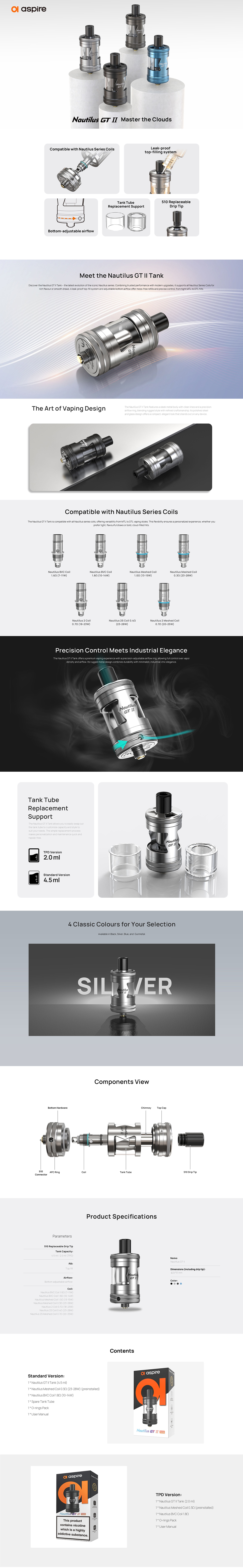 Ο Aspire Nautilus GT II είναι η βελτιωμένη έκδοση του δημοφιλούς ατμοποιητή της σειράς Nautilus, σχεδιασμένος για κορυφαία απόδοση γεύσης και ποιότητα κατασκευής.