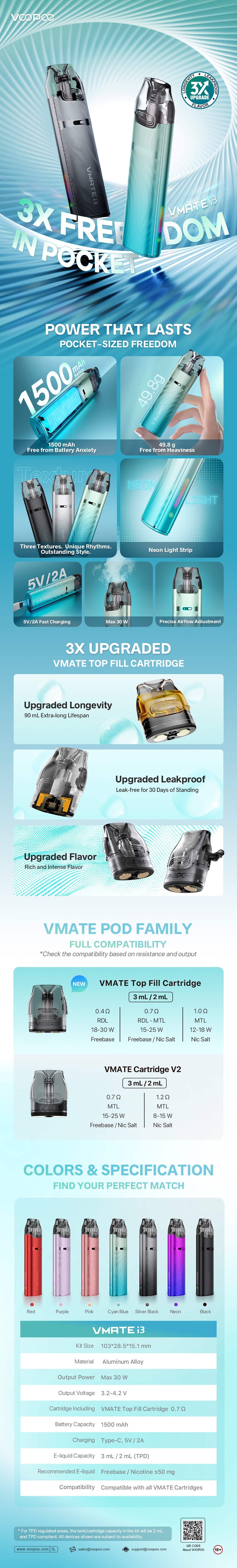 Καλωσορίζουμε το VMate i3 Pod Kit της VooPoo .Πρόκριτε για ένα εξαερωτικά ελαφρύ και με μεγάλη αυτονομία μπαταριάς Pod Kit που μας προσφέρει ευκολία φορητότιτας , μεγάλη διάρκεια αλλά και έναν πολύ όμορφο και μοντέρνο σχεδιασμό! Τροφοδοτείτε από μια ενσωματωμένη μπαταρία των 1500mAh που σε συνδυασμό με την γρήγορη φόρτιση των 5V/2A δεν ξεμένουμε ποτέ. Τέλος η αναβαθμισμένη 3X VMATE Top Fill Cartridge προσφέρει τριπλή βελτίωση σε αποτροπή διαρροών, απόδοση γεύσης και ανθεκτικότητα. Το VMate i3 είναι η τέλεια επιλογή για απαιτητικούς ατμιστές και ιδανικό για όσους αναζητούν ισορροπία μεταξύ απόδοσης και αισθητικής.