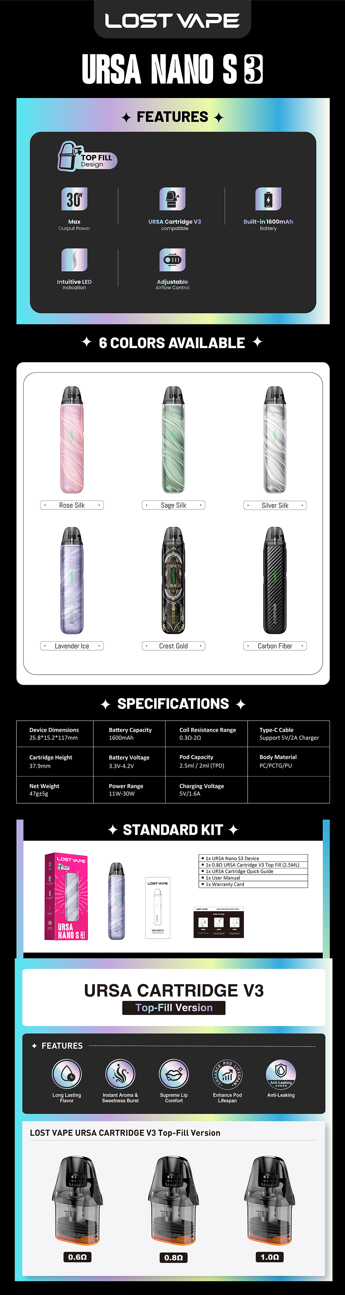 Ανακαλύψτε το  Ursa Nano S3, ένα σύγχρονο pod kit που συνδυάζει κομψό σχεδιασμό, μεγάλη αυτονομία και εξαιρετική απόδοση, προσφέροντας μια ολοκληρωμένη εμπειρία ατμίσματος για καθημερινή χρήση. Με λεπτή και εργονομική κατασκευή, το Ursa Nano S3 εφαρμόζει άνετα στο χέρι , αποτελώντας ιδανική επιλογή τόσο για νέους όσο και για έμπειρους χρήστες.

Η ενσωματωμένη μπαταρία των 1600mAh, προσφέρει αυξημένη αυτονομία για πολύωρη χρήση, ενώ η φόρτιση μέσω USB Type-C εξασφαλίζει γρήγορη αναπλήρωση ενέργειας. Με ισχύ που φτάνει έως τα 30W, η συσκευή προσαρμόζεται εύκολα σε διαφορετικά στυλ ατμίσματος, από σφιχτό MTL έως πιο αεράτο RDL.